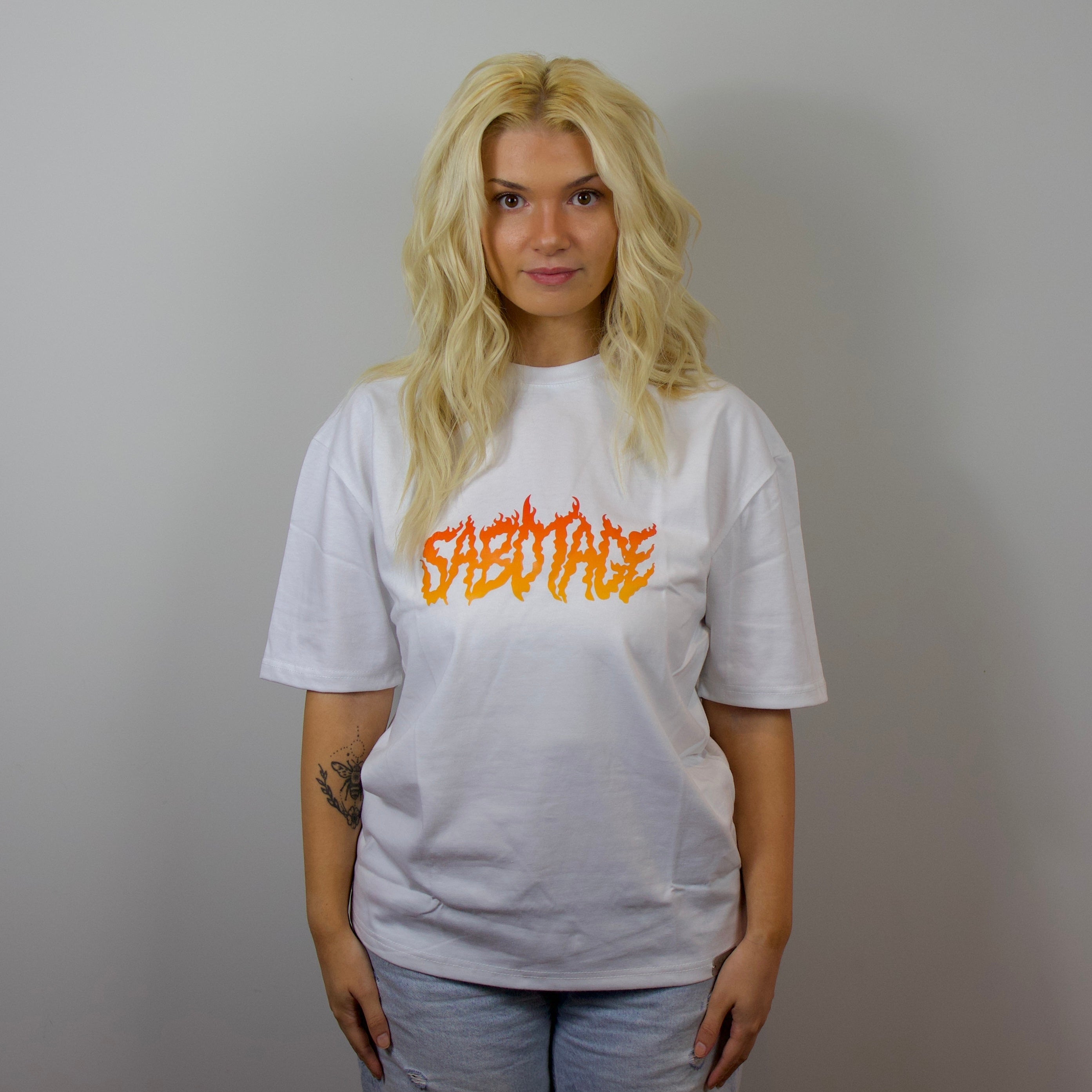 Premium streetwear model in luxury fire t-shirt made in Portugal