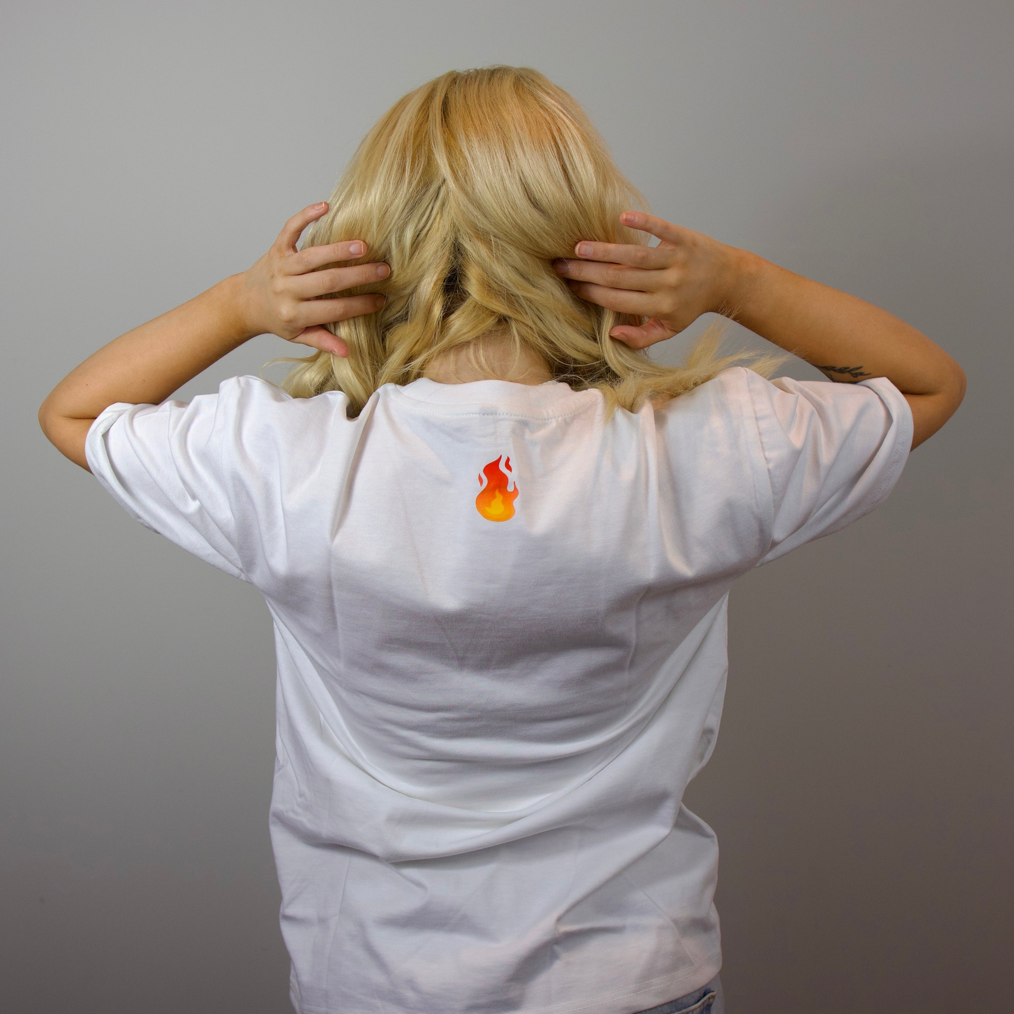 Premium streetwear model in luxury fire t-shirt back detail shot
