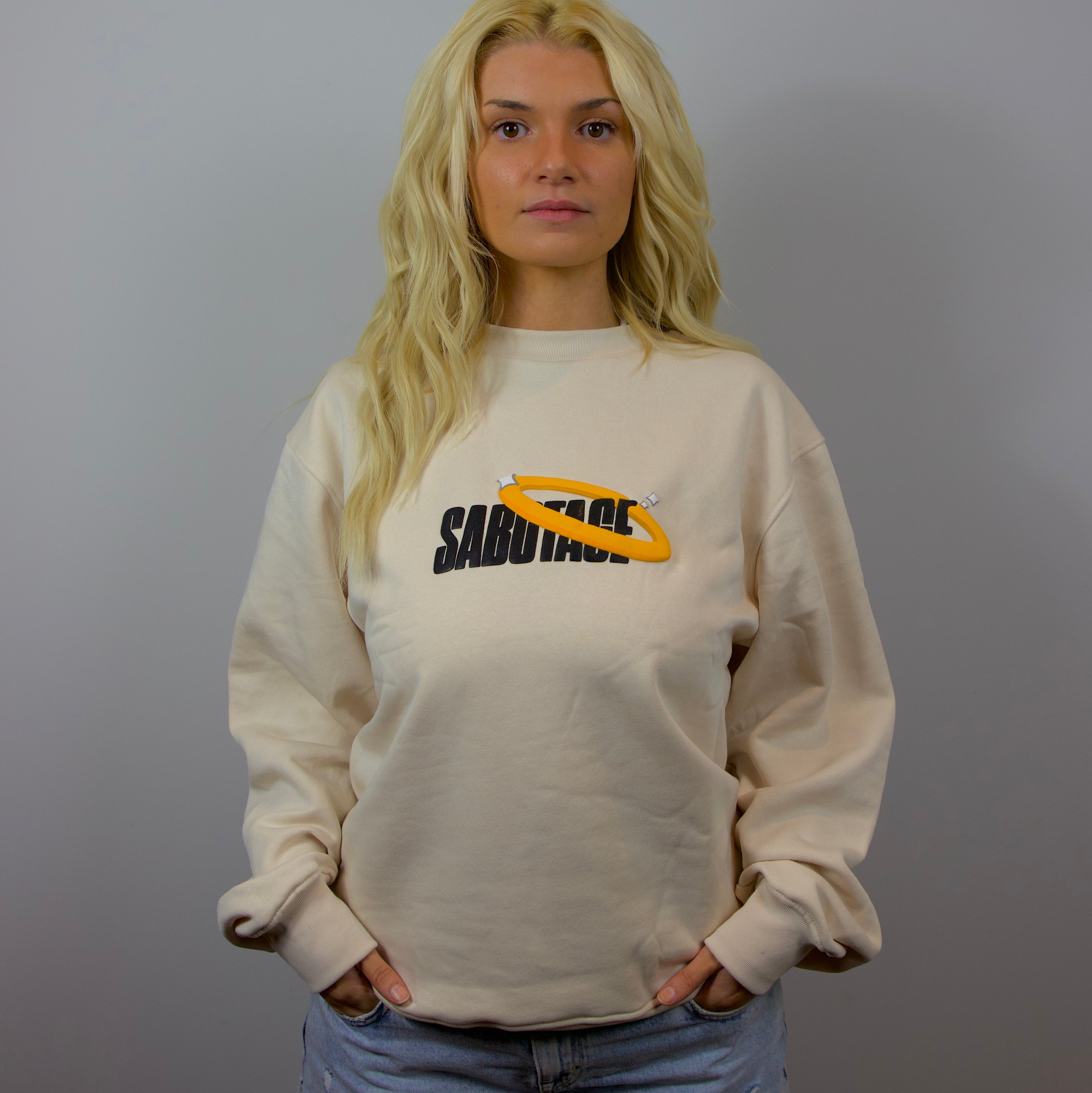 Premium streetwear model in luxury halo sweatshirt made in portugal
