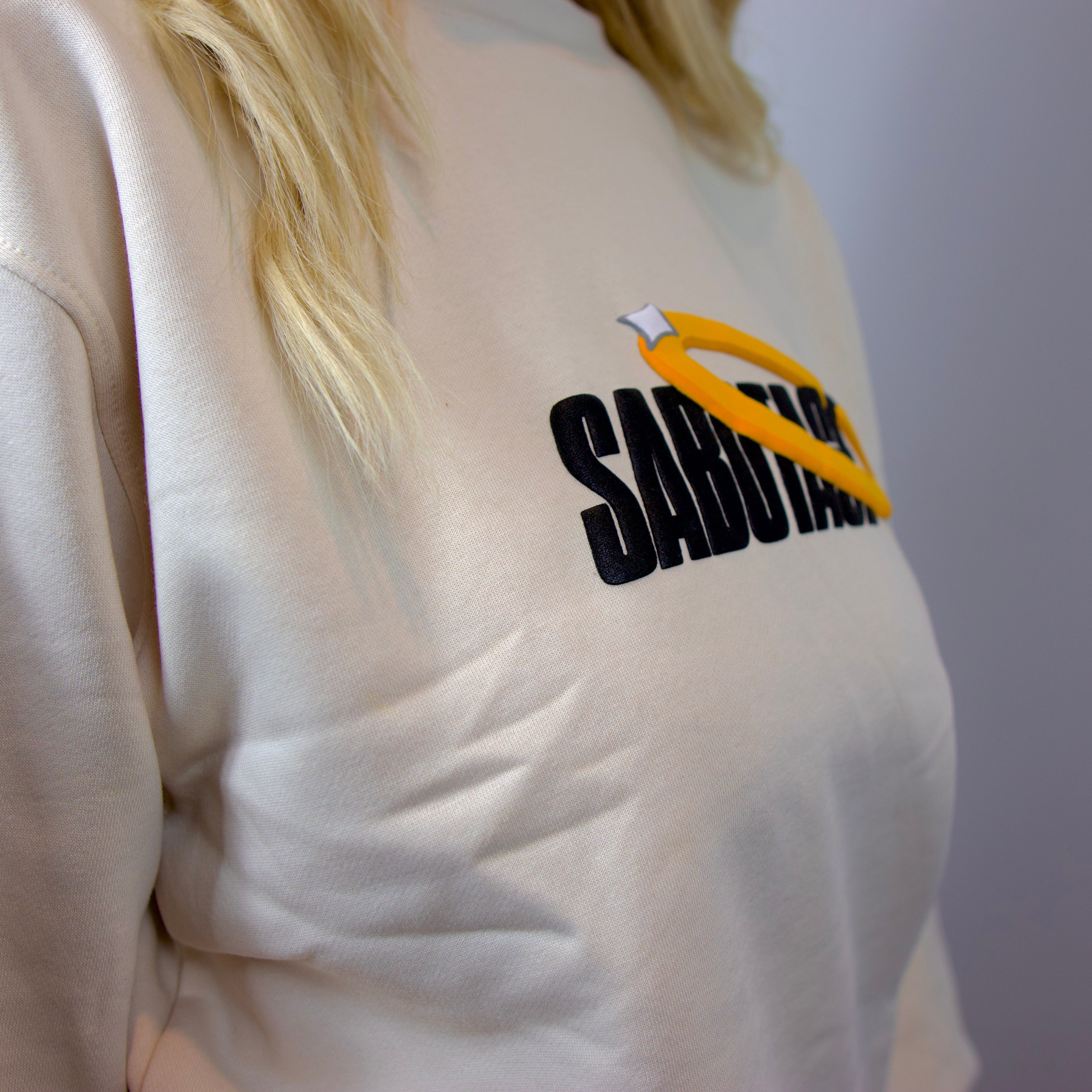 Premium streetwear detail shot of luxury halo sweatshirt logo
