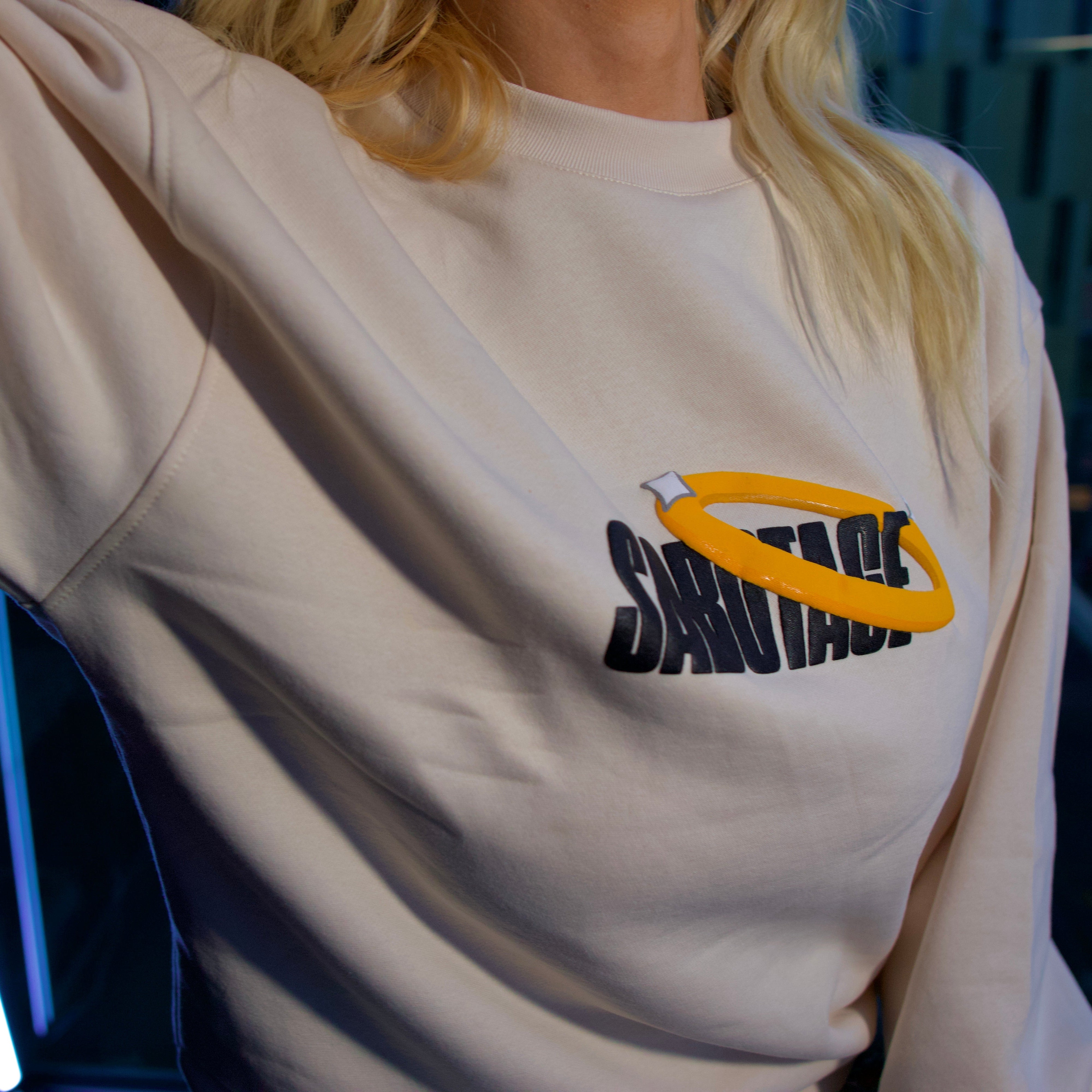 Premium streetwear model in luxury halo sweatshirt detail shot made in Portugal
