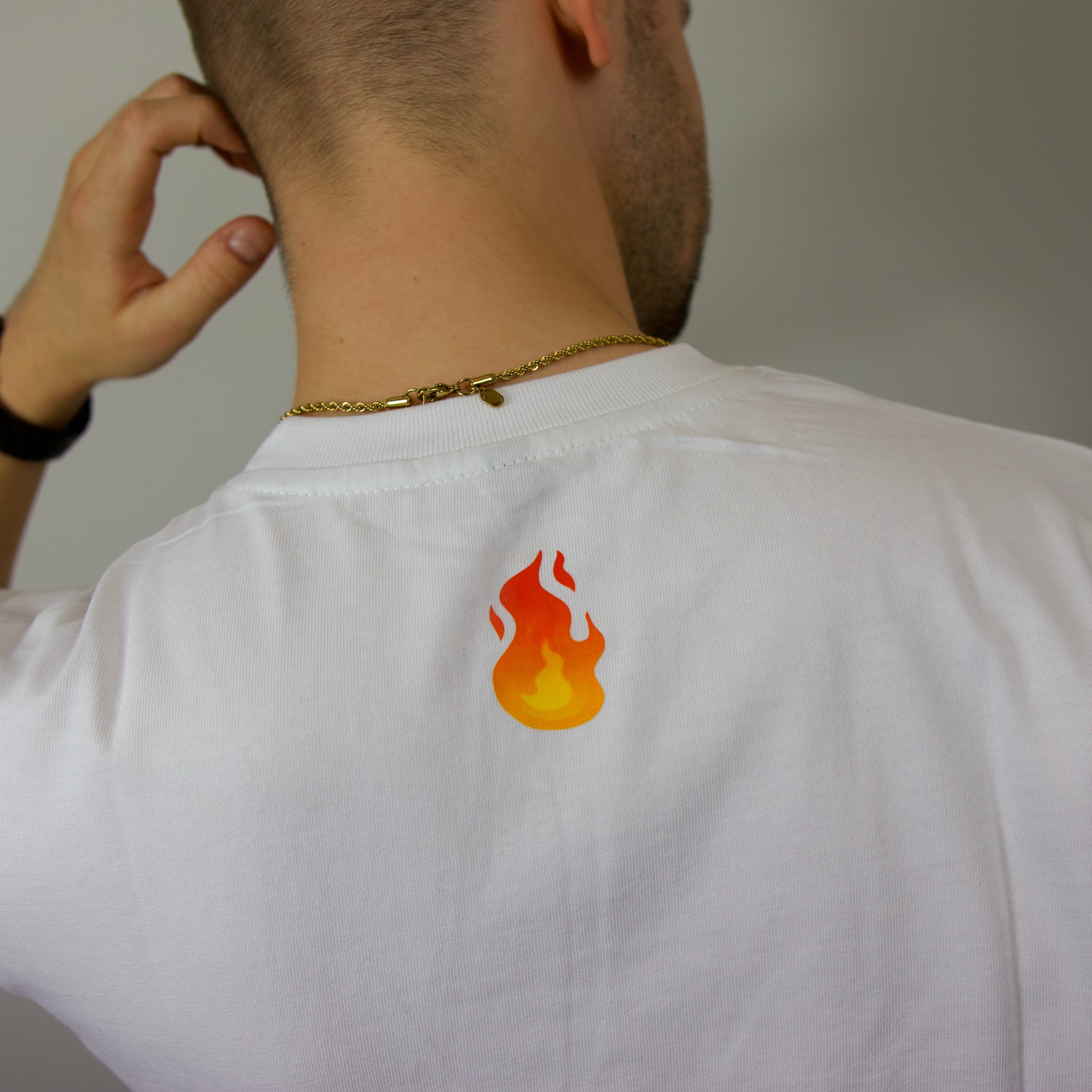 Premium streetwear model in luxury fire t-shirt made in Portugal