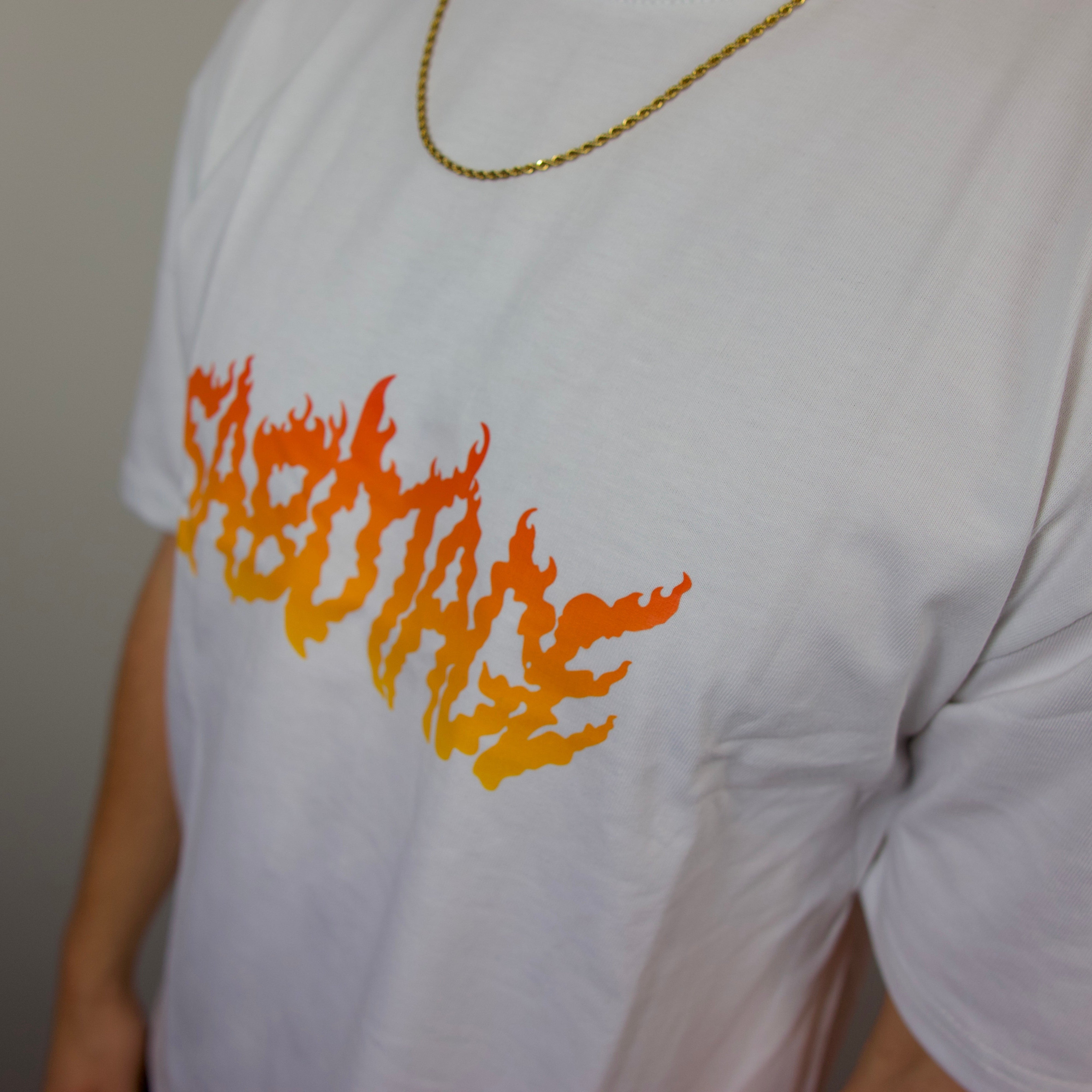 Premium streetwear model in luxury fire t-shirt logo detail shot made in Portugal