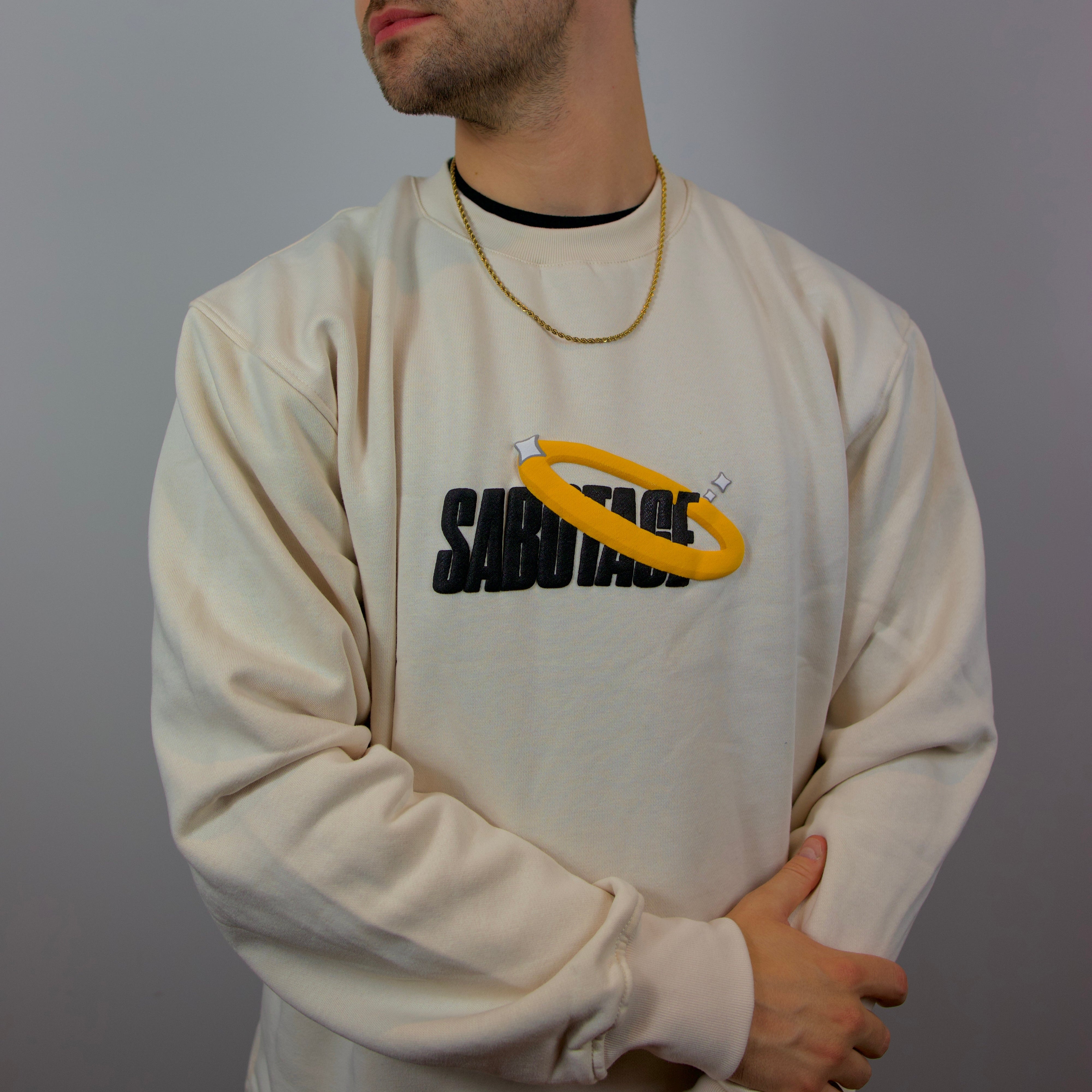 Premium streetwear model in luxury halo sweatshirt made in Portugal