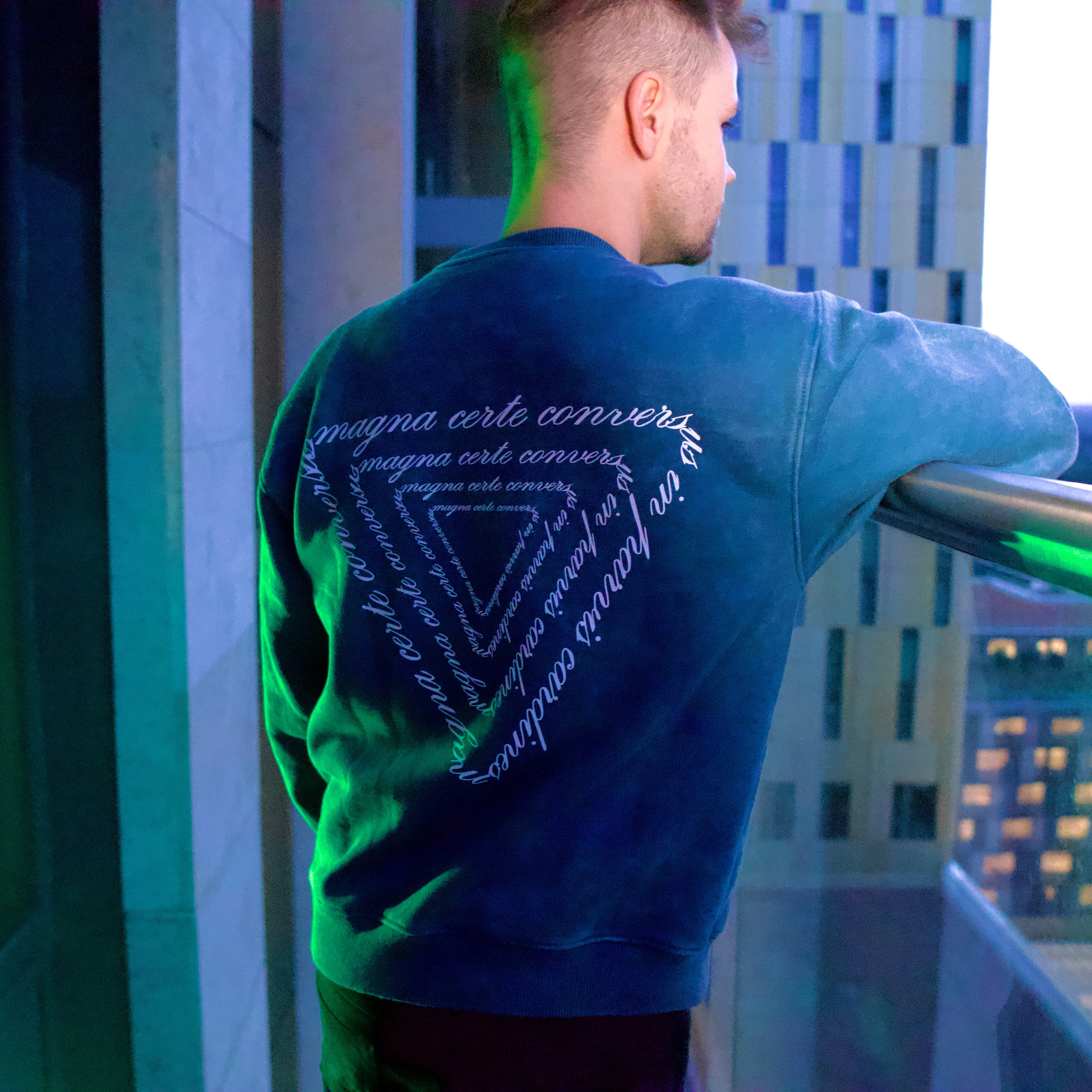 Person wearing a blue sweatshirt with text on the back, standing on a balcony with cityscape view.