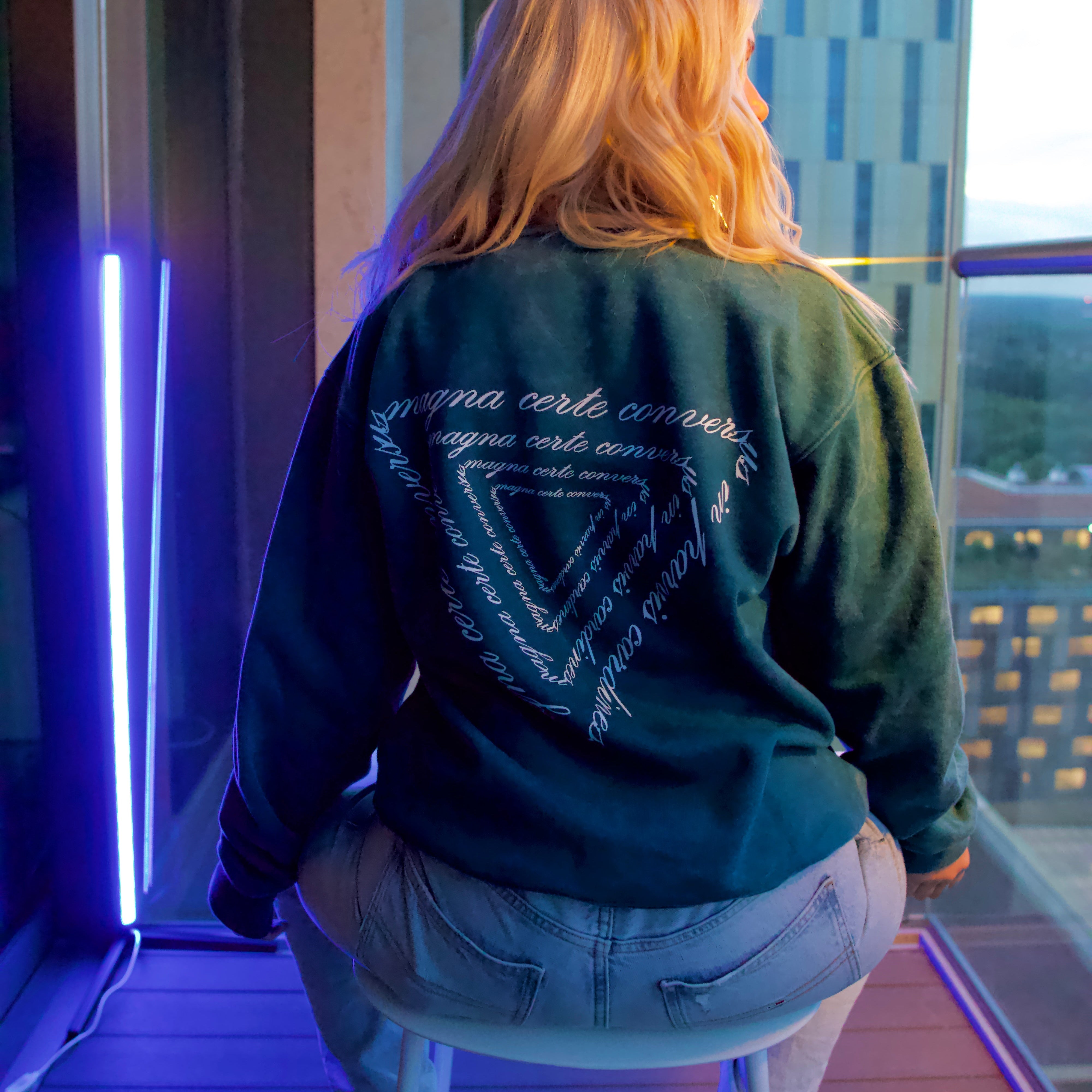 Person wearing a teal sweatshirt with text sitting on a stool indoors.